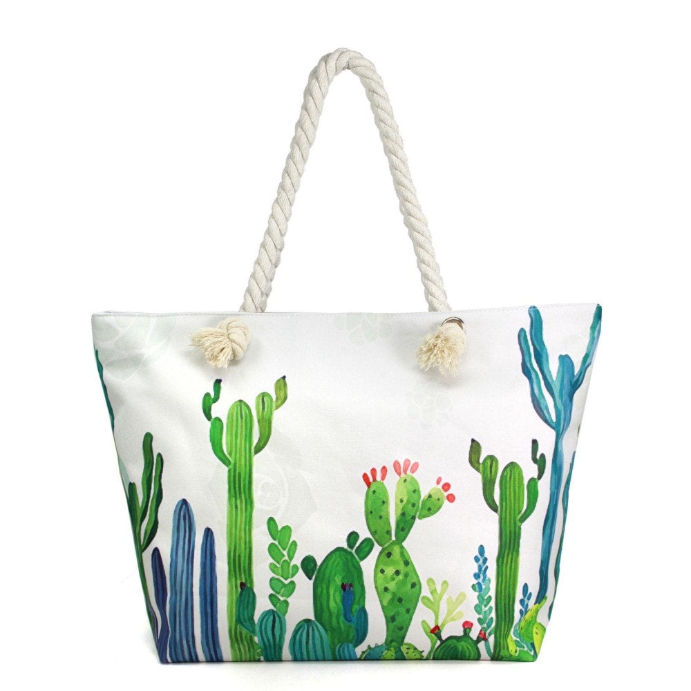 White Cactus Print Tote Bag