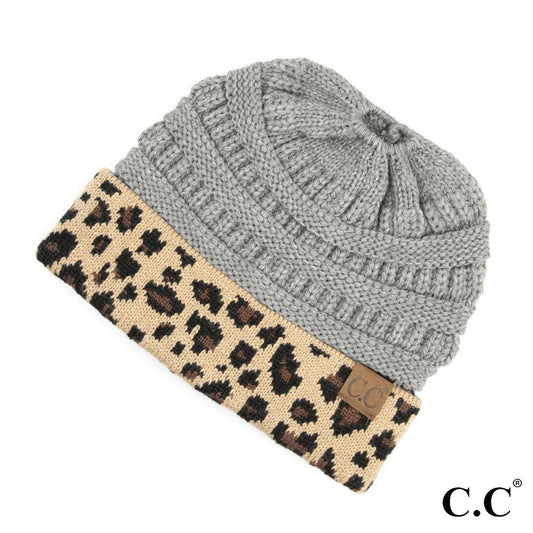 Messy Bun Beanie with Leopard Trim