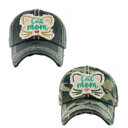 Cat Mom Face Distressed Baseball Hat