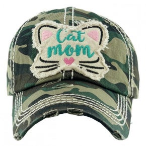Cat Mom Face Distressed Baseball Hat