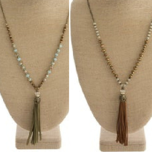 Long Faux Leather Tassel Necklace