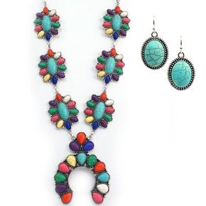 Multi-Colored Squash Blossom Pendant Necklace Set
