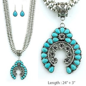 Triple Chain Squash Blossom Pendant Necklace Set