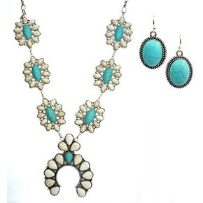 Western Turquoise & White Squash Blossom Pendant Necklace Set