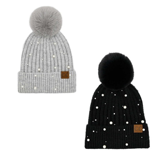 Pearl Embellished Pom Beanie